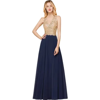 Dámské šaty Dlouhé šifonové šaty se zlatou krajkou a výstřihem do V pro plesové akce Barva: Tmavě Modrá, Velikost: M