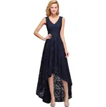 Dlouhé krajkové šaty s asymetrickým lemem a výstřihem do V Barva: Tmavě Modrá, Velikost: 7XL