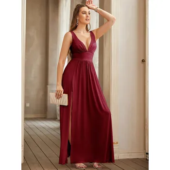 Dámské šaty Dlouhé šaty s rozparkem a výstřihem do V pro formální svatební události Barva: Bordová, Velikost: XS