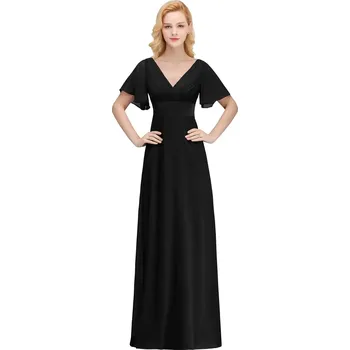 Dámské šaty Dlouhé šifonové šaty s volánky a výstřihem do V pro svatební hosty Barva: Černá, Velikost: XS