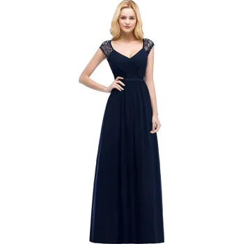 Dámské šaty Elegantní šifonové šaty s krajkovým topem a odhalenými zády pro formální akce Barva: Tmavě Modrá, Velikost: XS