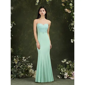 Dámské šaty Dlouhé saténové šaty v mořském střihu s korálky pro družičky a večerní události Barva: Mátová, Velikost: XS