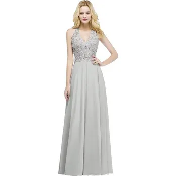 Dámské šaty Dlouhé šifonové šaty s perličkami a halter výstřihem pro formální události Barva: Stříbrná, Velikost: XL