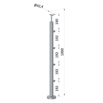 Zábradlí Nerezový sloup, vrchní kotvení, 4 řadový průchodný, vrch pevný (ø 42,4x2 mm), leštěná nerez / AISI304