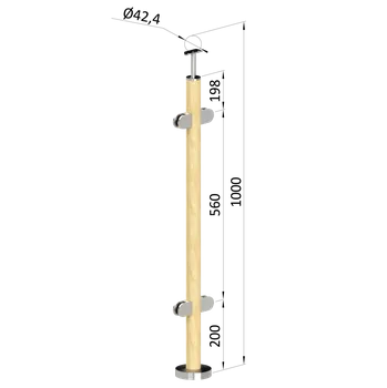 Dřevěný sloup, vrchní kotvení, výplň: sklo, průchozí, vrch pevný (ø42 mm), materiál: buk, boušený povrch s nátěrom BORI (bezbarvý)