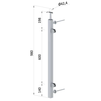 Zábradlí Nerezový sloup, boční kotvení, výplň: sklo, pravý, vrch pevný, (40x40x2 mm), brousená nerez K320 / AISI304
