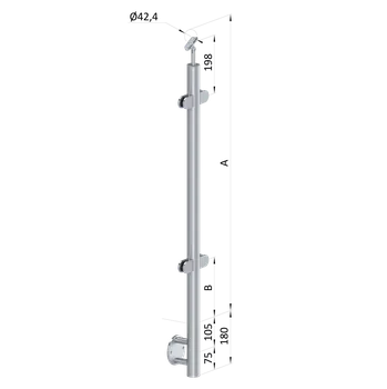 Nerezový sloup, boční kotvení, výplň: sklo, průchozí, vrch nastavitelný (ø 42,4x2 mm), broušená nerez K320 / AISI316