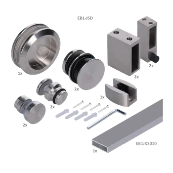 Závěsný systém - set na skleněné dveře pro profil 30x10 mm, (tloušťka skla: 8,00 - 12,00 mm), set obsahuje 2 metry EB1-JK30x10, broušená nerez K320/AISI 304