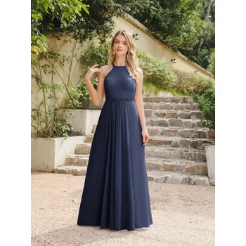 Dámské šaty Dlouhé šifonové šaty s krajkovým výstřihem a halter střihem Barva: Tmavě Modrá, Velikost: M