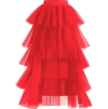 Dámská sukně Asymetrická tylová sukně s volány pro slavnostní a módní styl Barva: Červená