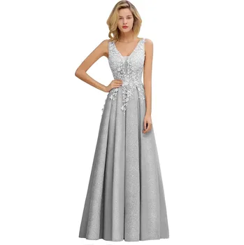Dámské šaty Dlouhé společenské šaty s krajkou a výstřihem do V pro ples Barva: Stříbrná, Velikost: S