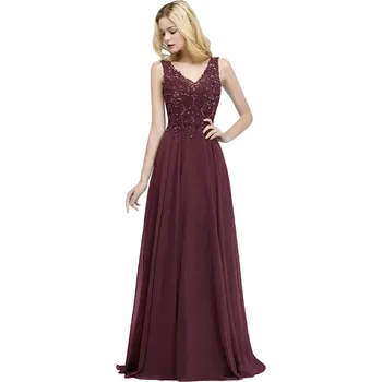Dámské šaty Dlouhé šifonové šaty s korálky a výstřihem do V pro slavnostní akce Barva: Bordová, Velikost: 3XL