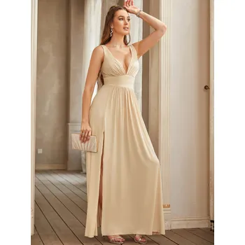 Dámské šaty Dlouhé šaty s rozparkem a výstřihem do V pro formální svatební události Barva: Šampaňská, Velikost: 4XL