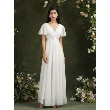 Dámské šaty Jednoduché šifonové šaty s páskem a výstřihem do V pro družičky Barva: Krémová, Velikost: XL