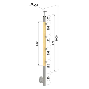 Dřevěný sloup, boční kotvení, 4 řadový, průchozí, vnější, vrch pevný (ø 42mm), materiál: buk, broušený povrch s nátěrem BORI (bezbarvý)