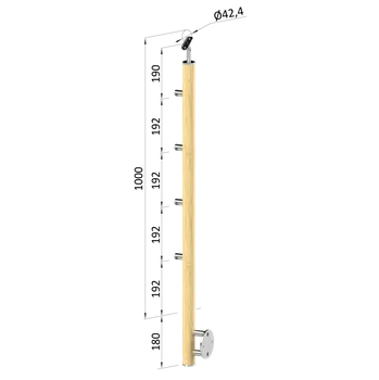 Zábradlí Dřevěný sloup, boční kotvení, 4 řadový, průchozí, vnější, vrch nastavitelný (ø 42mm), materiál: buk, broušený povrch s nátěrem BORI (bezbarvý)