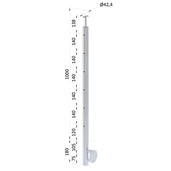 Zábradlí Nerezový sloup, boční kotvení, 6 děrový koncový na lanko, vrch pevný (ø 42.4x2mm), broušená nerez K320 /AISI304