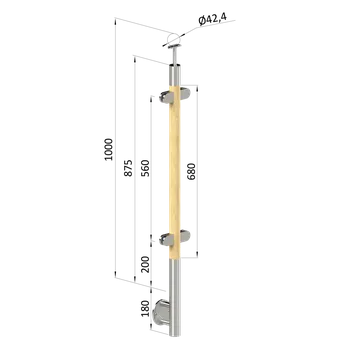 Dřevěný sloup, boční kotvení, výplň: sklo, průchozí, vrch pevný (ø 42mm), materiál: buk, broušený povrch bez nátěru