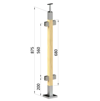 Zábradlí Dřevěný sloup, vrchní kotvení, výplň: sklo, průchozí, vrch pevný (40x40mm), materiál: buk, broušený povrch bez nátěru