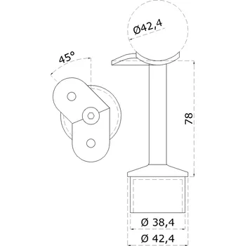 Zábradlí Držák madla pevný na trubku ø 42,4 mm (78x64 mm, 45° úhel), broušená nerez K320 / AISI304
