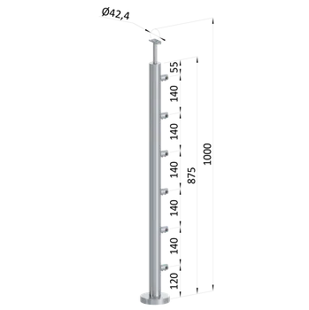 Nerezový sloup, vrchní kotvení, 6 řadový, průchozí, vrch pevný (ø 42.4x2mm), broušená nerez K320 /AISI304