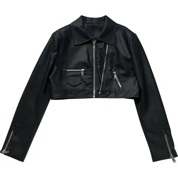 Dámský křivák Krátká koženková bunda v motorkářském stylu se dvěma zipy Barva: Černá, Velikost: XL