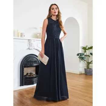 Dámské šaty Dlouhé šifonové šaty s krajkou bez rukávů pro družičku či ples Barva: Tmavě Modrá, Velikost: S