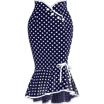 Dámská sukně Dlouhá sukně s puntíky a mašlí v retro trumpetovém střihu Barva: Tmavě Modrá, Velikost: XL