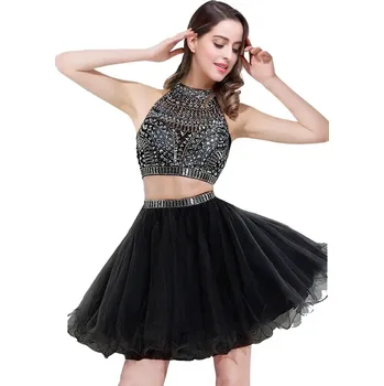 Dámské šaty Krátké dvoudílné šaty s kamínky a tylovou sukní pro oslavy Barva: Černá, Velikost: 4XL