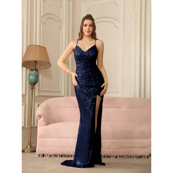 Dámské šaty Flitrované šaty s rozparkem a tenkými ramínky pro večerní párty Barva: Tmavě Modrá, Velikost: 3XL