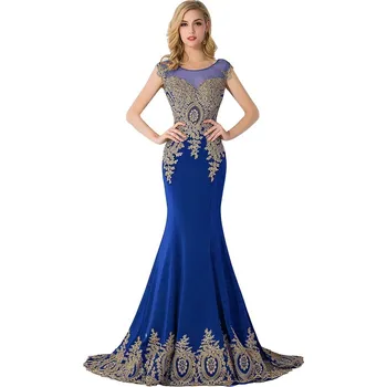 Dámské šaty Luxusní krajkové šaty s korálky a průsvitným živůtkem pro ples Barva: Safírová, Velikost: M