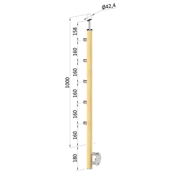 Zábradlí Dřevěný sloup, boční kotvedřevěný sloup, boční kotvení, 5 řadový, průchozí, vnější, vrch pevný (ø 42mm), materiál: buk, broušený povrch bez nátěruní, 5 řadový, průchodný, venkovní, vrch pev