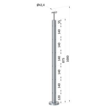 Zábradlí Nerezový sloup, vrchní kotvení, 6 děrový na lanko, rohový: 90°, vrch pevný (ø 42.4x2mm), broušená nerez K320 /AISI304