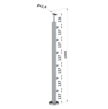 Nerezový sloup, vrchní kotvení, 6 řadový, průchodný, vrch pevný, (ø42,4x2 mm), broušená nerez K320 / AISI304