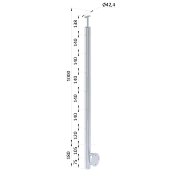 Zábradlí Nerezový sloup, boční kotvení, 6 děrový průchozí na lanko, vrch pevný (ø 42.4x2mm), broušená nerez K320 /AISI304