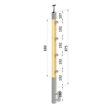 Dřevěný sloup, boční kotvení, 4 řadový, průchozí, vnitřní, vrch pevný (40x40mm), materiál: buk, broušený povrch s nátěrem BORI (bezbarvý)