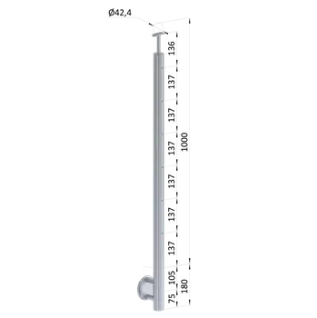 Nerezový sloup, boční kotvení, bez výplně, 6 řadový se závitem M6, vnější, vrch pevný, (ø 42.4x2mm), broušená nerez K320 /AISI304