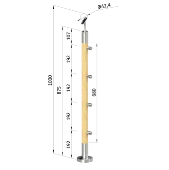 Zábradlí Dřevěný sloup, vrchní kotvení, 4 řadový, průchozí, vrch nastavitelný (ø42 mm), materiál: buk, broušený povrch s nátěrem BORI (bezbarvý)