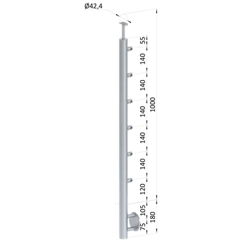 Nerezový sloup, boční kotvení, 6 řadový průchozí, vnitřní, vrch pevný, (ø 42.4x2mm) broušená nerez K320 /AISI304
