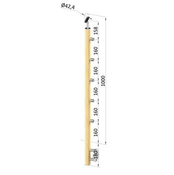 Zábradlí Dřevěný sloup, boční kotvení, 5 řadový, průchozí, vnitřní, vrch nastavitelný (ø 42mm), materiál: buk, broušený povrch bez nátěru