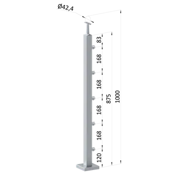 Zábradlí Nerezový sloup, vrchní kotvení, 5 řadový průchozí, vrch pevný (40x40mm), broušená nerez K320 /AISI304