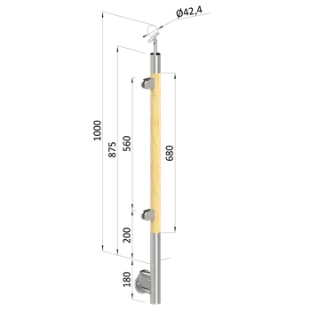 Dřevěný sloup, boční kotvení, výplň: sklo, levý, vrch nastavitelný (ø 42mm), materiál: buk, broušený povrch bez nátěru