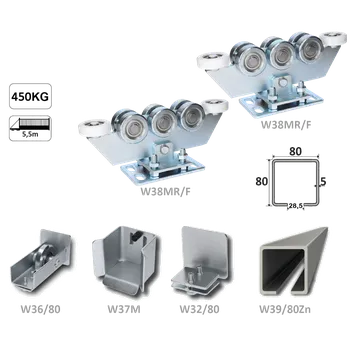 Samonosný systém 80x80x5 mm pro posuvné brány do 400 kg / 5,5 m průjezd (W39/80Zn 6 m pozinkovaný profil, 2x W38MR/F, 1x W36/80, 1x W37/M, 1x W32/80)