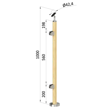 Zábradlí Dřevěný sloup, vrchní kotvenie, výplň: sklo, levý, vrch nastavitelný (ø42 mm), materiál: buk, broušený povrch bez nátěru