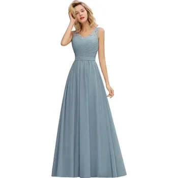 Dámské šaty Dlouhé šifonové šaty s krajkou v áčkovém střihu pro družičky Barva: Modrá, Velikost: S