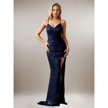 Dámské šaty Dlouhé flitrované šaty s rozparkem a šněrováním na zádech Barva: Tmavě Modrá, Velikost: XL