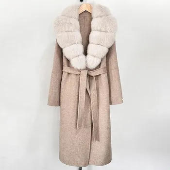Dámská parka Vlněný kabát s velkými liščími manžetami pro elegantní zimní styl Velikost: M, Barva (Varianta): Béžová light grey