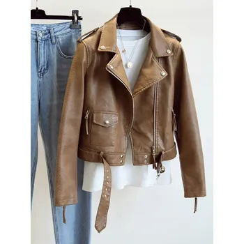 Dámský křivák Dámská koženková bunda s páskem v moderním městském stylu Barva: Hnědá, Velikost: M