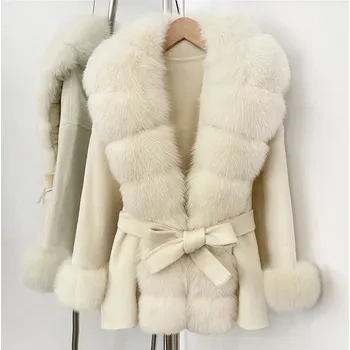 Dámská parka Elegantní vlněný kabát s pravou kožešinou pro podzim a zimu Barva: Béžová, Velikost: S