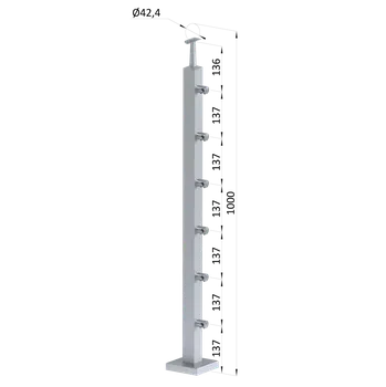 Zábradlí Nerezový sloup, vrchní kotvení, 6 řadový průchodný, vrch pevný, (40x40 mm), broušená nerez K320 / AISI304